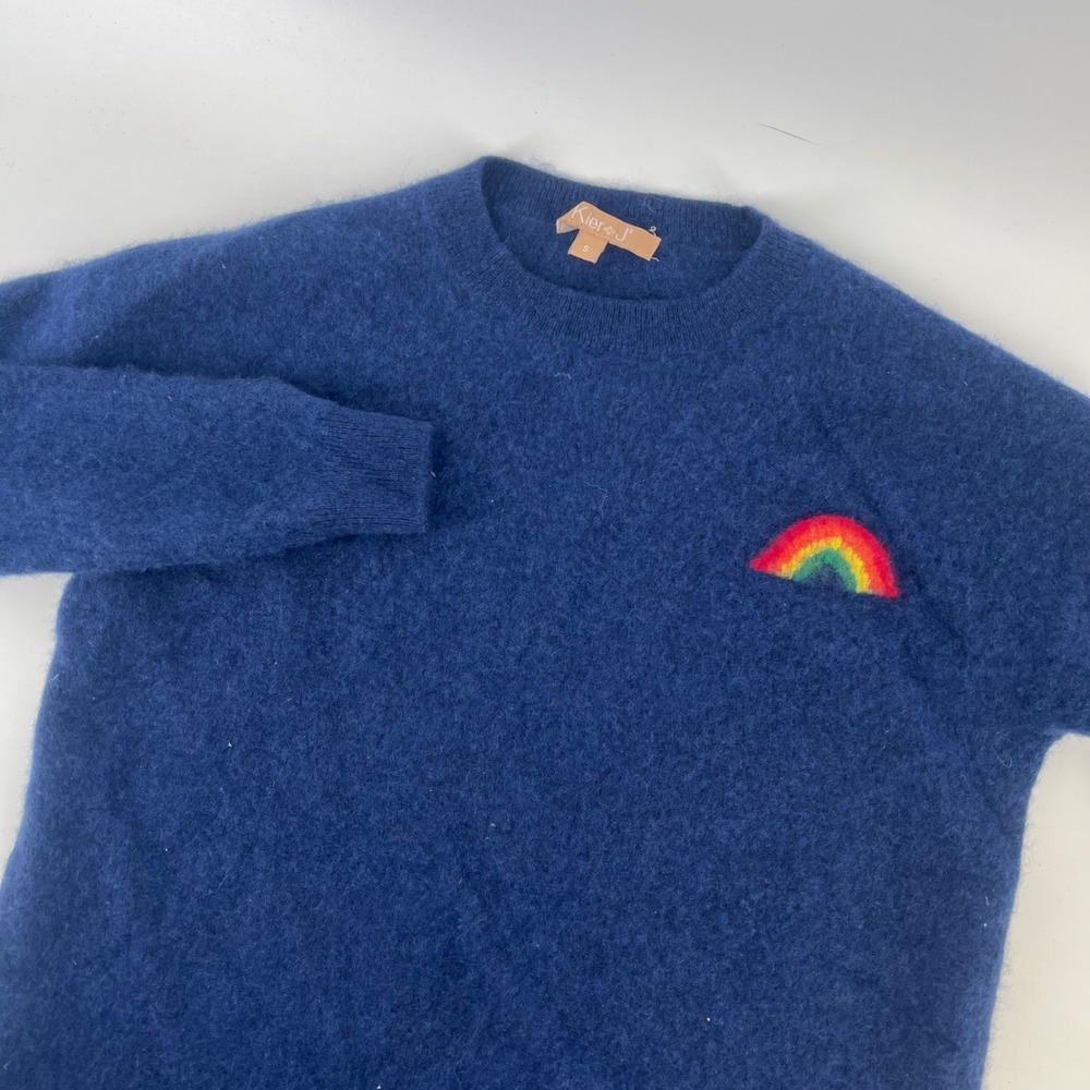 Kier + J Womens Navy Blue 100% Cashmere Rainbow Patch Crew Neck Sweater Size S